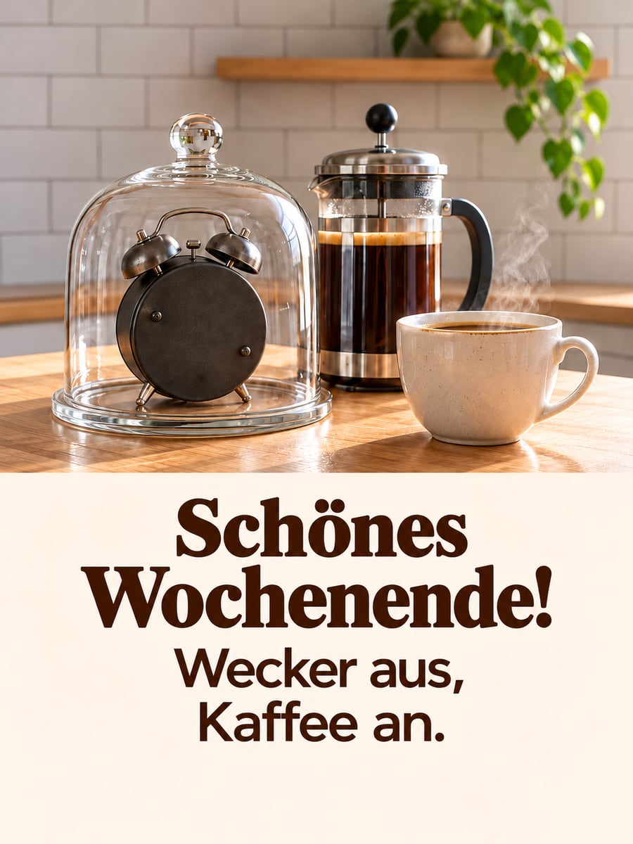 Schönes Wochenende: alter Wecker unter einer Glasglocke auf dem Küchentisch, daneben Kaffeebereiter und Tasse Kaffee