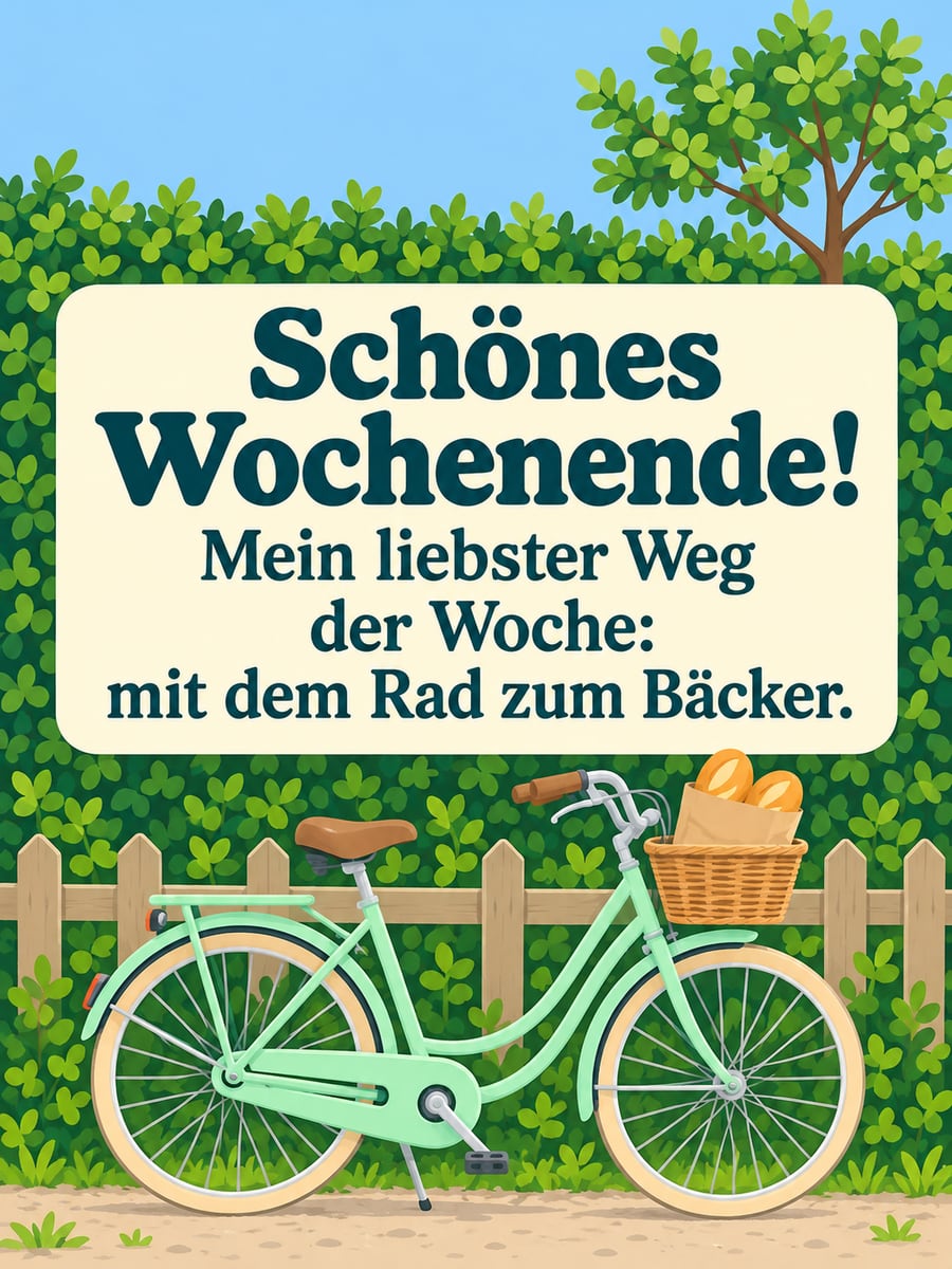 Schönes Wochenende: Fahrrad am Gartenzaun, im Korb eine Papiertüte voller frischer Brötchen