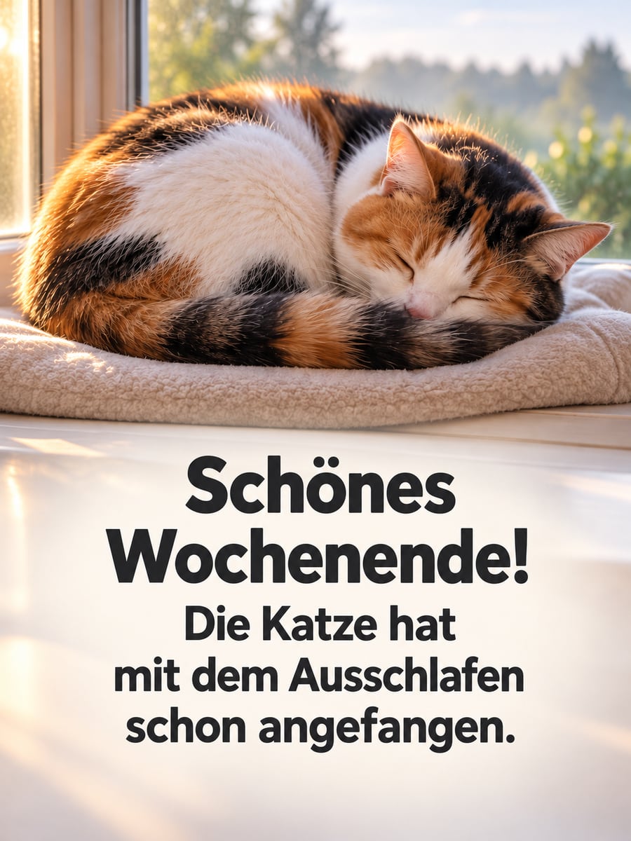 Schönes Wochenende: dreifarbige Glückskatze schläft eingerollt auf einem Kissen auf der sonnigen Fensterbank