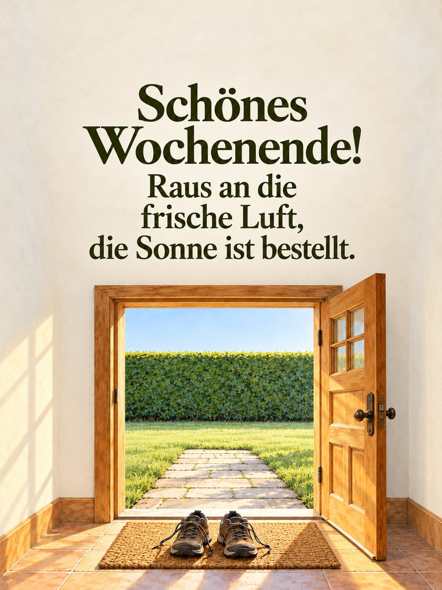 Schönes Wochenende: ein Paar Wanderschuhe vor der offenen Haustür, draußen ein sonniger Gartenweg