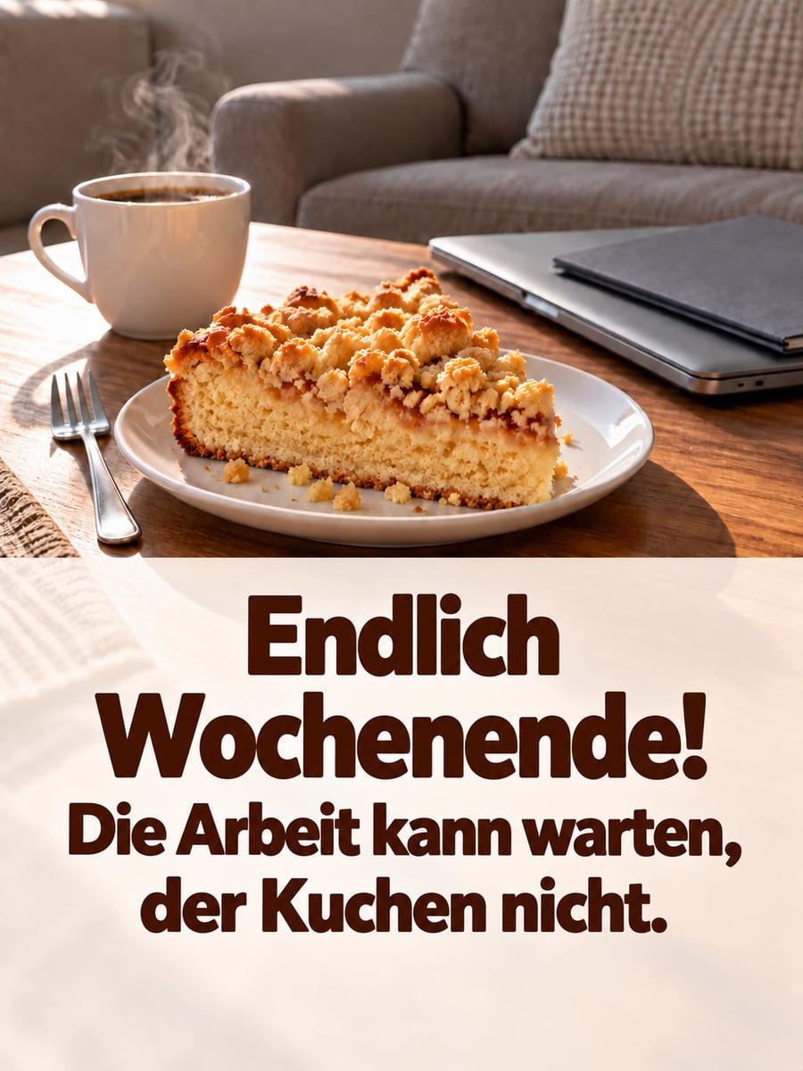 Schönes Wochenende: großes Stück Streuselkuchen und Kaffee, daneben ein zugeklappter Laptop