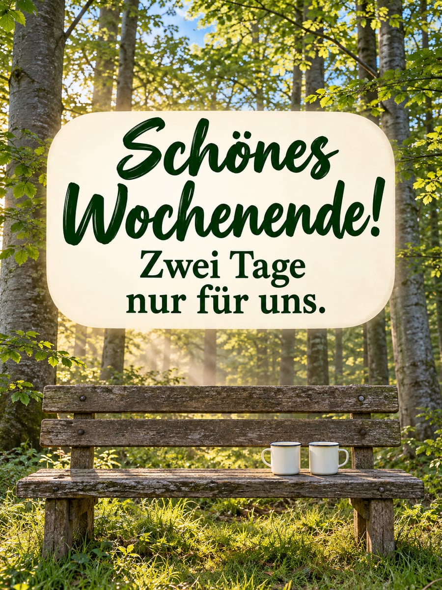 Schönes Wochenende: Holzbank mit zwei Emaillebechern am Rand eines Buchenwaldes in der Morgensonne