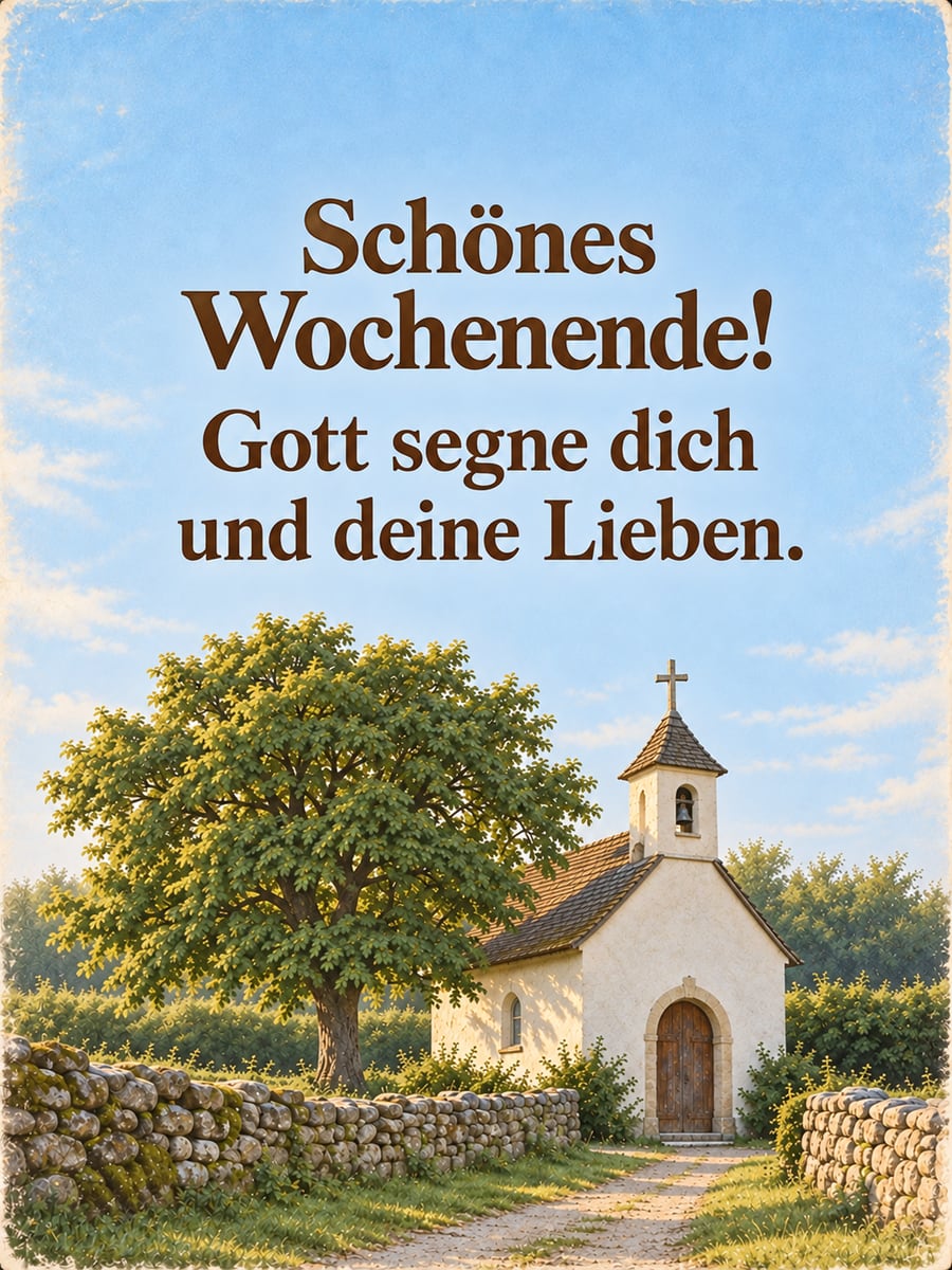 Schönes Wochenende: weiße Dorfkapelle mit kleinem Glockenturm am Ende eines Weges mit alter Steinmauer