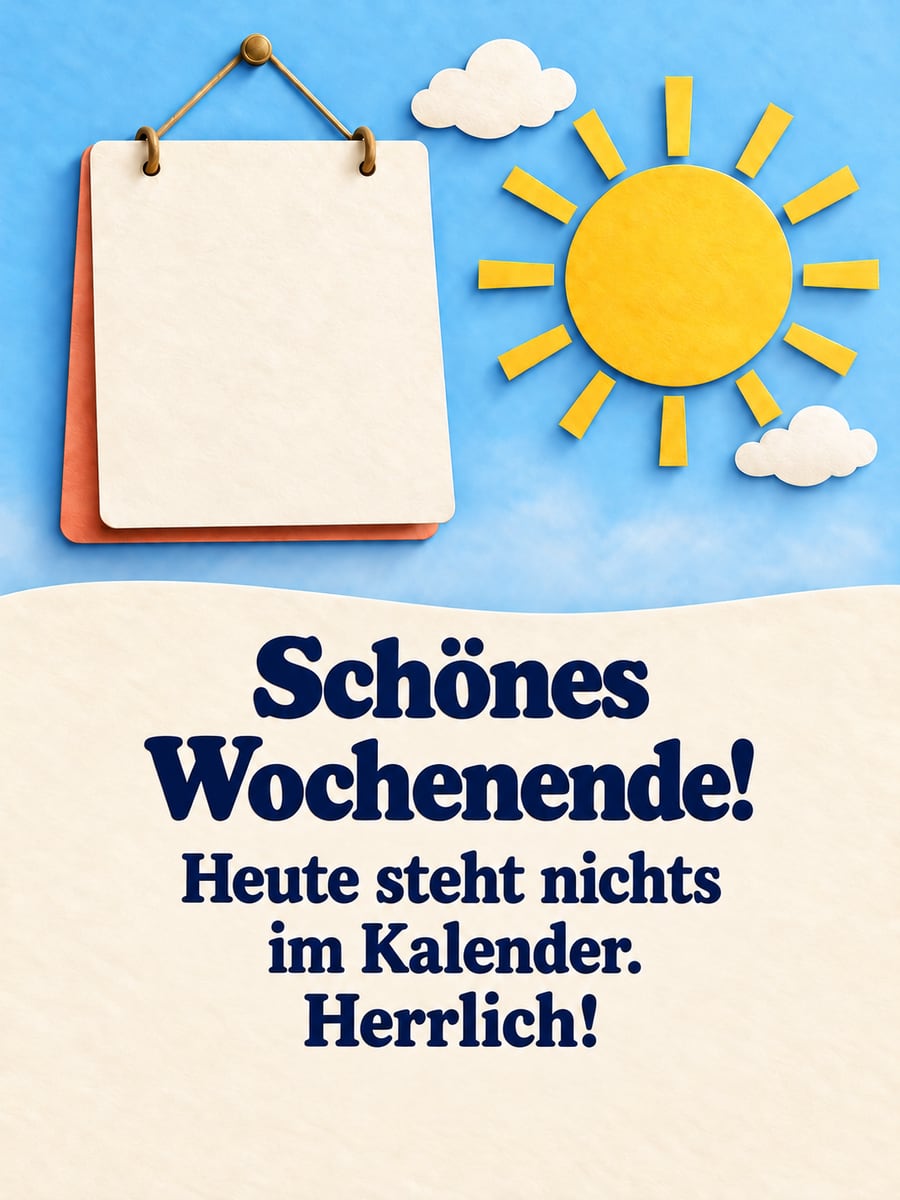 Schönes Wochenende: Scherenschnitt mit leerem Wandkalender und einer gelben Papiersonne an blauer Wand