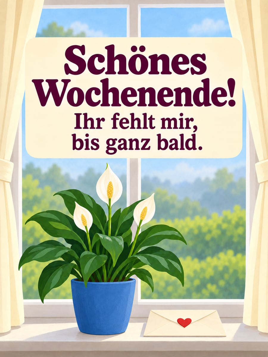 Schönes Wochenende: Einblatt im blauen Topf und ein Briefumschlag mit Papierherz auf der Fensterbank