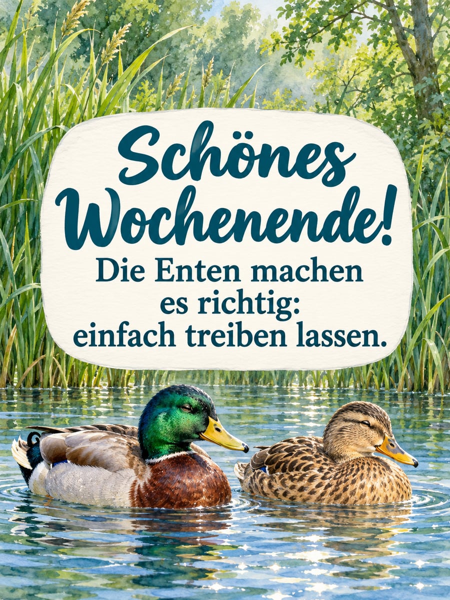 Schönes Wochenende: zwei Stockenten treiben gemütlich nebeneinander auf einem sonnigen See vor grünem Schilf