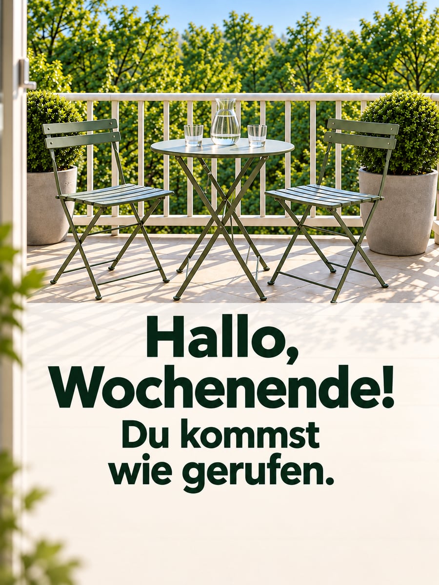 Schönes Wochenende: zwei leere Bistrostühle und ein kleiner runder Tisch auf einem sonnigen Balkon