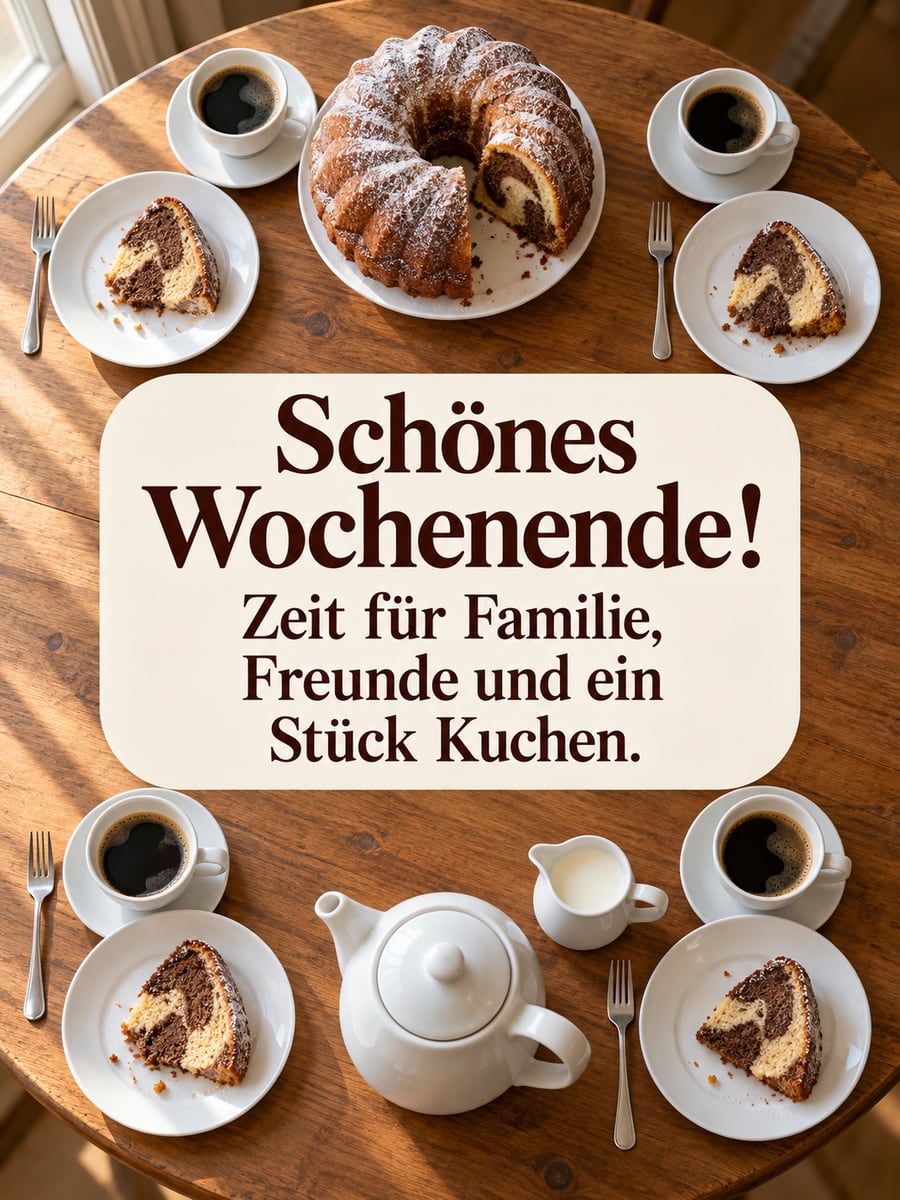 Schönes Wochenende: runder Kaffeetisch für vier von oben mit Marmor-Gugelhupf, Tassen und Kaffeekanne