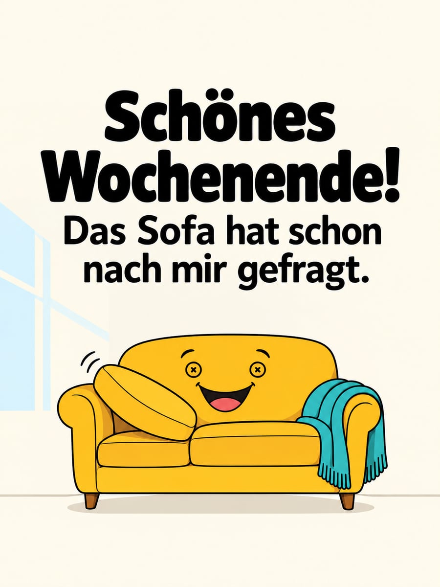 Schönes Wochenende: Cartoon-Sofa mit Knopfaugen und Lächeln winkt mit einem Kissen zum Hinsetzen