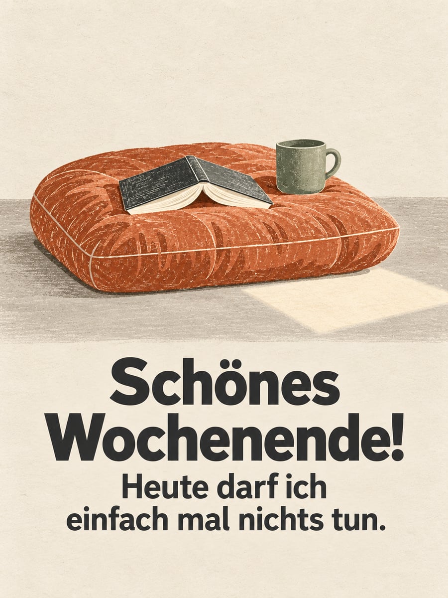 Schönes Wochenende: schlichter Linoldruck mit großem Bodenkissen und einem aufgeschlagenen Buch darauf