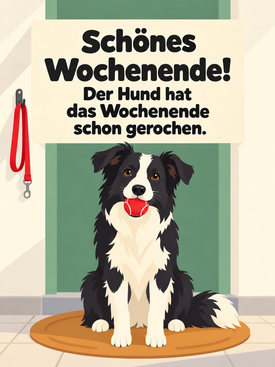 Schönes Wochenende: Border Collie mit rotem Ball im Maul wartet auf der Fußmatte vor der Haustür