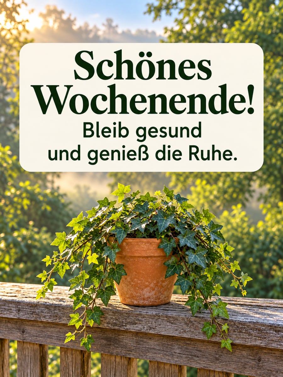 Schönes Wochenende: Terrakottatopf mit Efeu auf einem hölzernen Balkongeländer in der Morgensonne