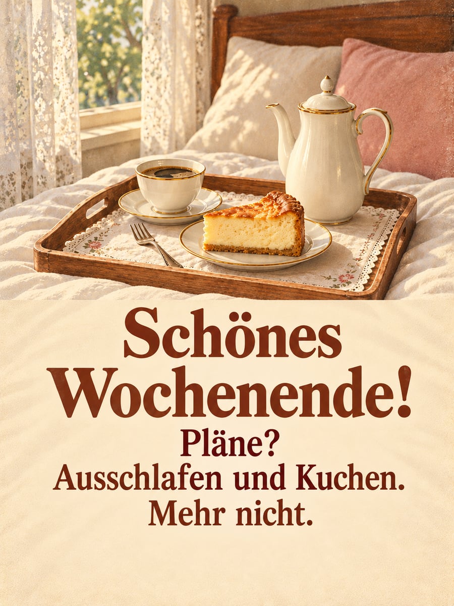 Schönes Wochenende: nostalgisches Frühstückstablett im Bett mit Kaffeekanne, Tasse und Käsekuchen