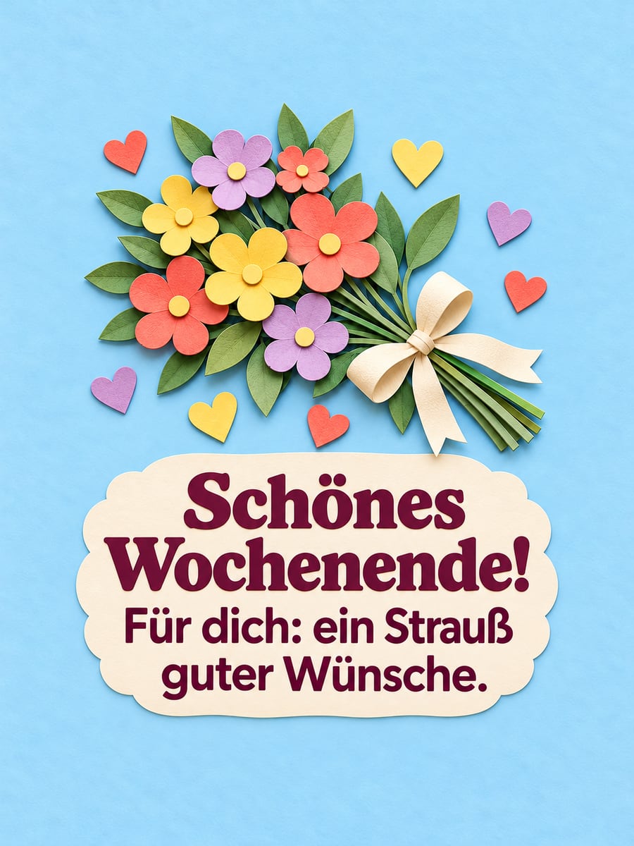 Schönes Wochenende: Scherenschnitt-Blumenstrauß in Koralle, Gelb und Flieder mit cremefarbener Schleife