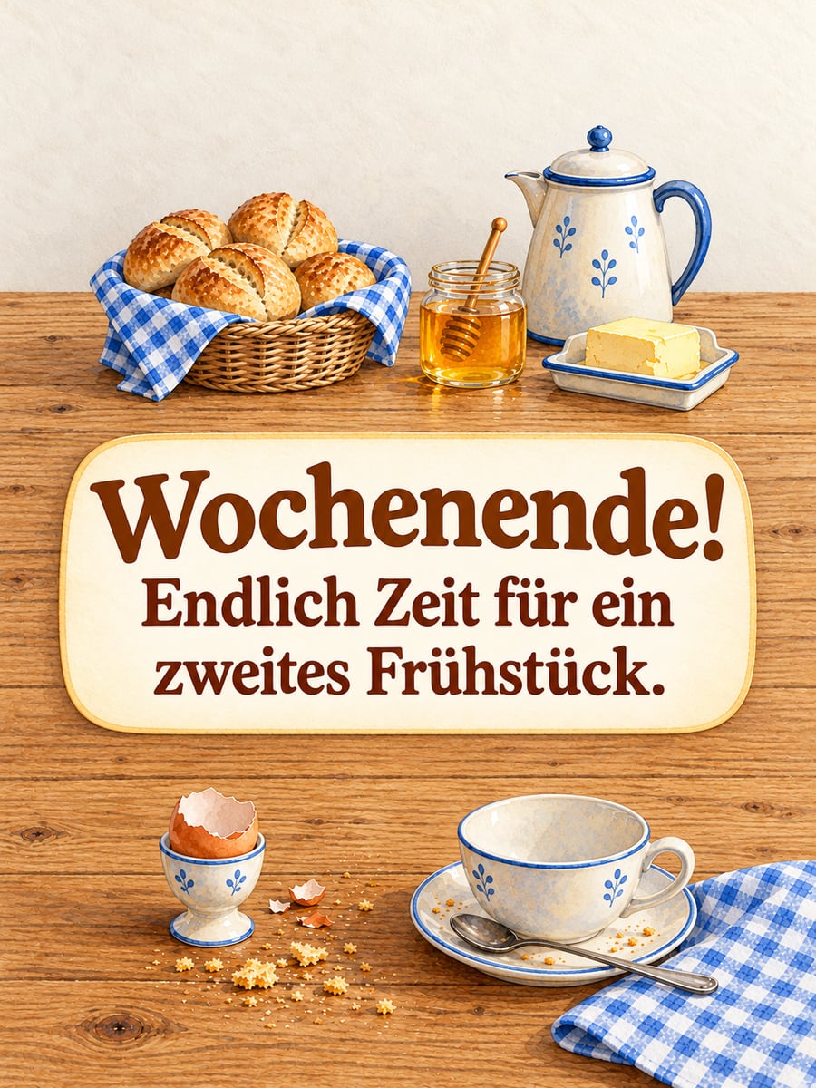 Schönes Wochenende: Frühstückstisch mit leerem Eierbecher und frisch gefülltem Brötchenkorb für die zweite Runde