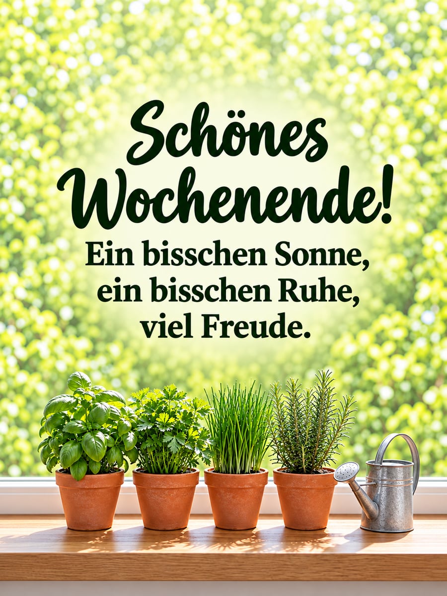Schönes Wochenende: vier Kräutertöpfe mit Basilikum, Petersilie, Schnittlauch und Rosmarin am Fenster