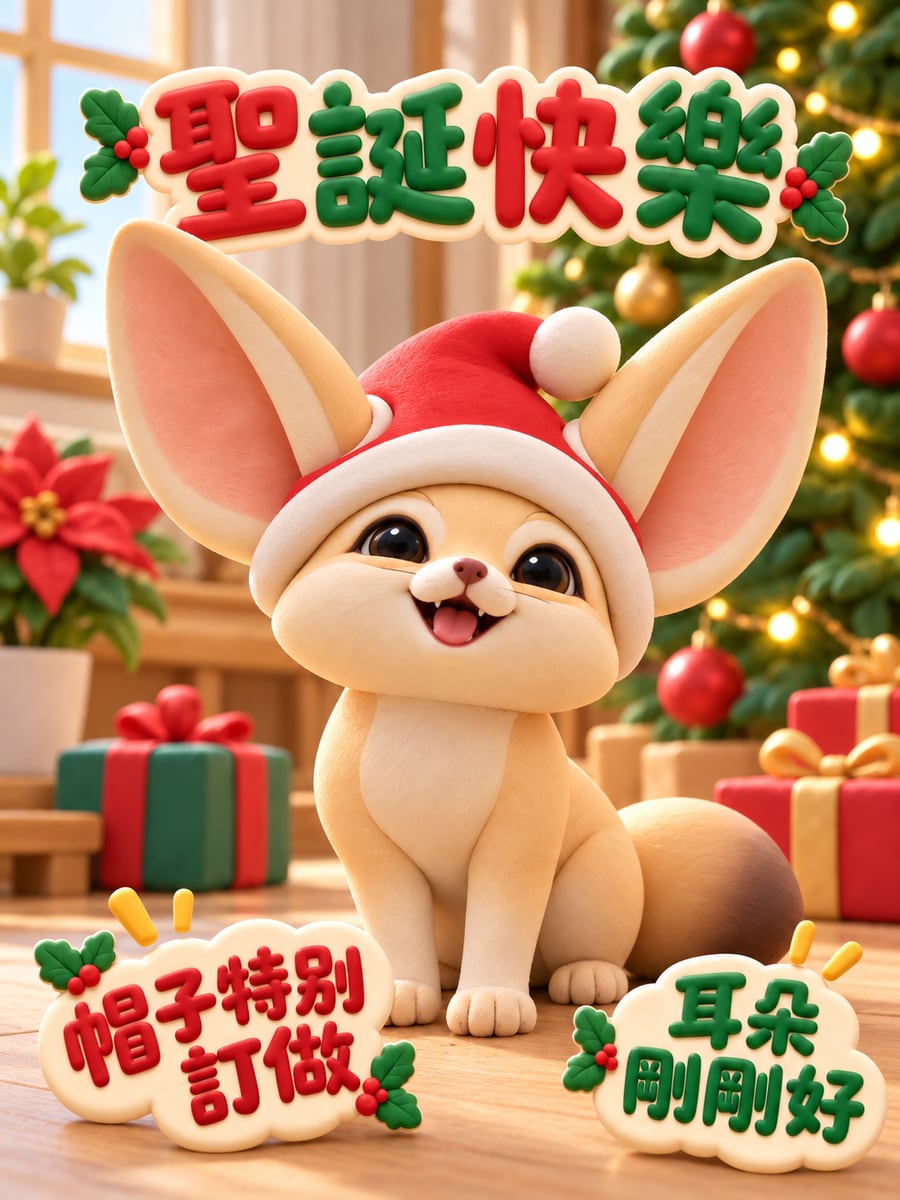 耳廓狐的特製聖誕帽。圖中文字：聖誕快樂，帽子特別訂做，耳朵剛剛好