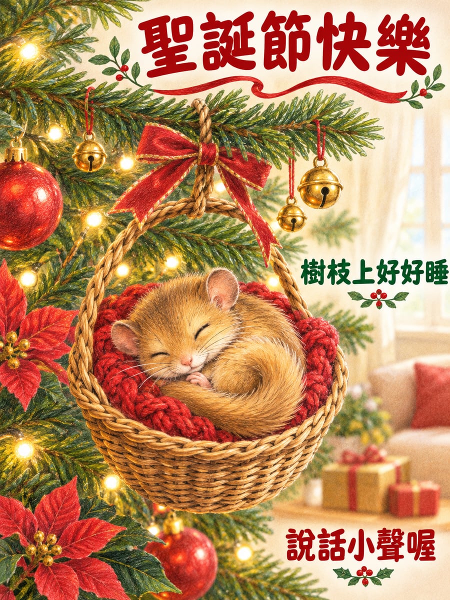 睡鼠在吊飾籃裡打盹。圖中文字：聖誕節快樂，樹枝上好好睡，說話小聲喔