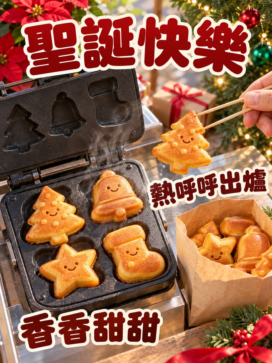 聖誕造型雞蛋糕。圖中文字：聖誕快樂，熱呼呼出爐，香香甜甜