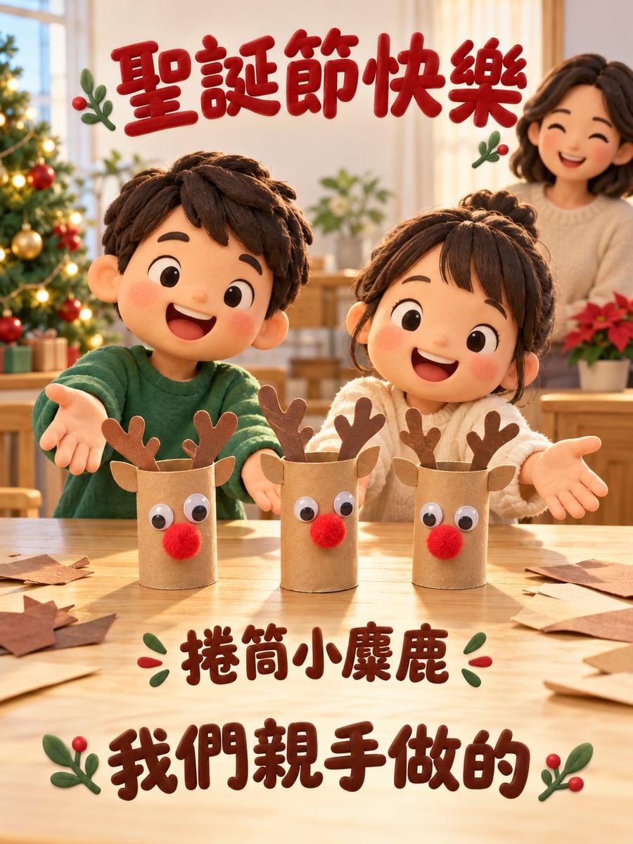 捲筒做的小麋鹿。圖中文字：聖誕節快樂，捲筒小麋鹿，我們親手做的