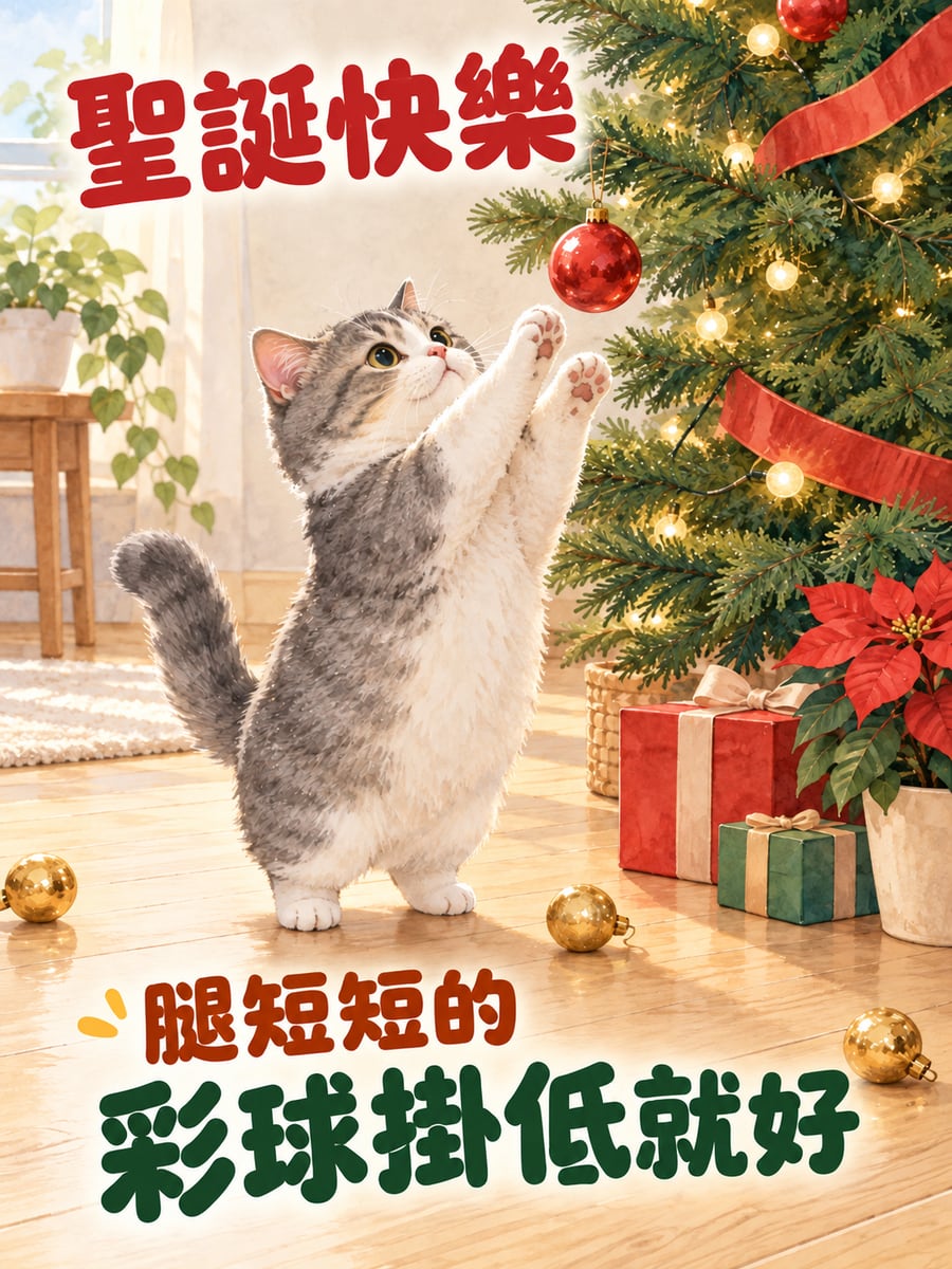 曼赤肯搆不到彩球。圖中文字：聖誕快樂，腿短短的，彩球掛低就好