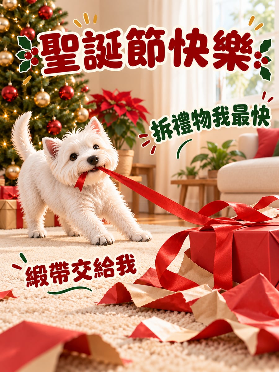 西高地幫忙拆緞帶。圖中文字：聖誕節快樂，拆禮物我最快，緞帶交給我