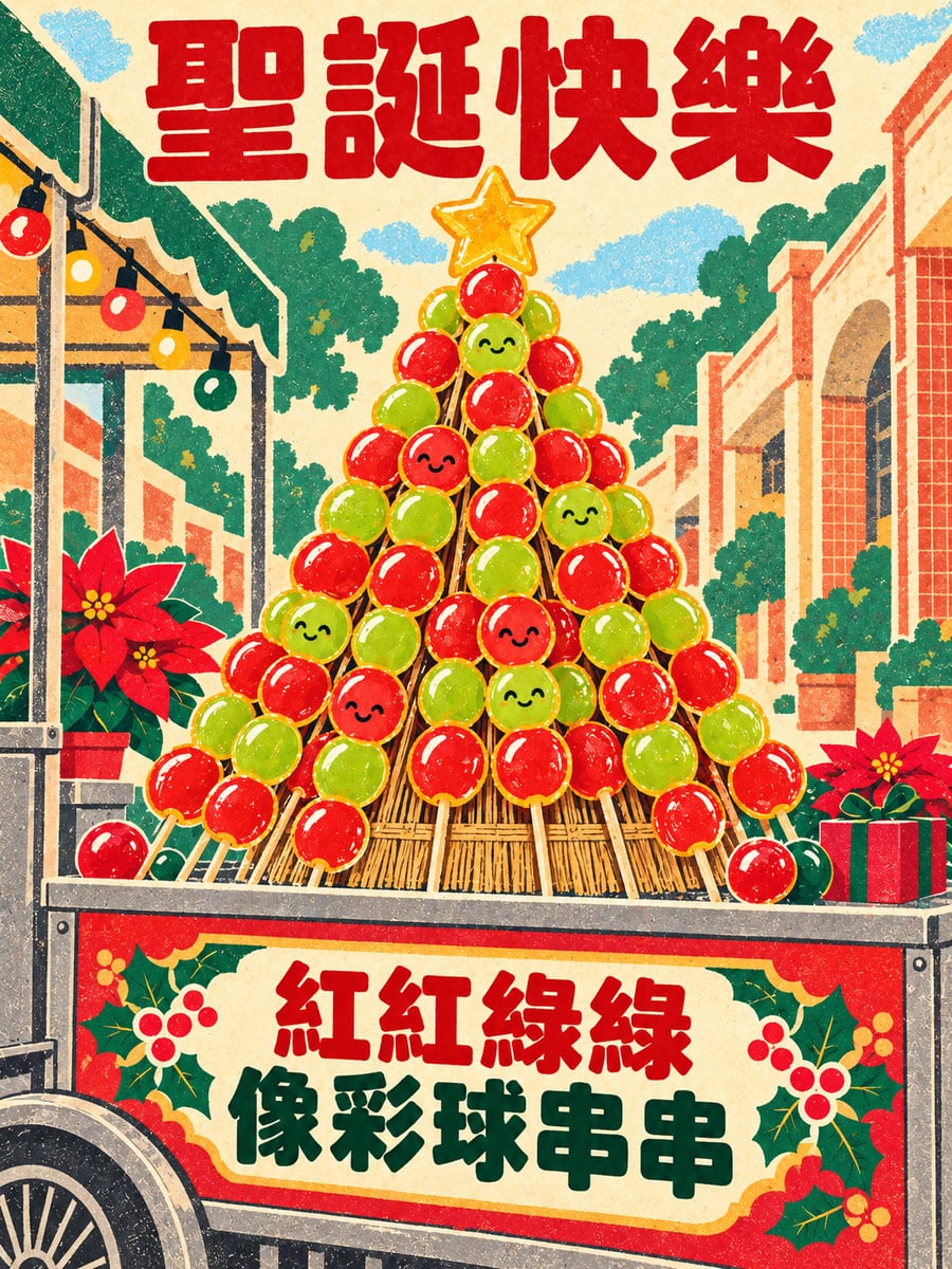 糖葫蘆排成聖誕樹。圖中文字：聖誕快樂，紅紅綠綠，像彩球串串