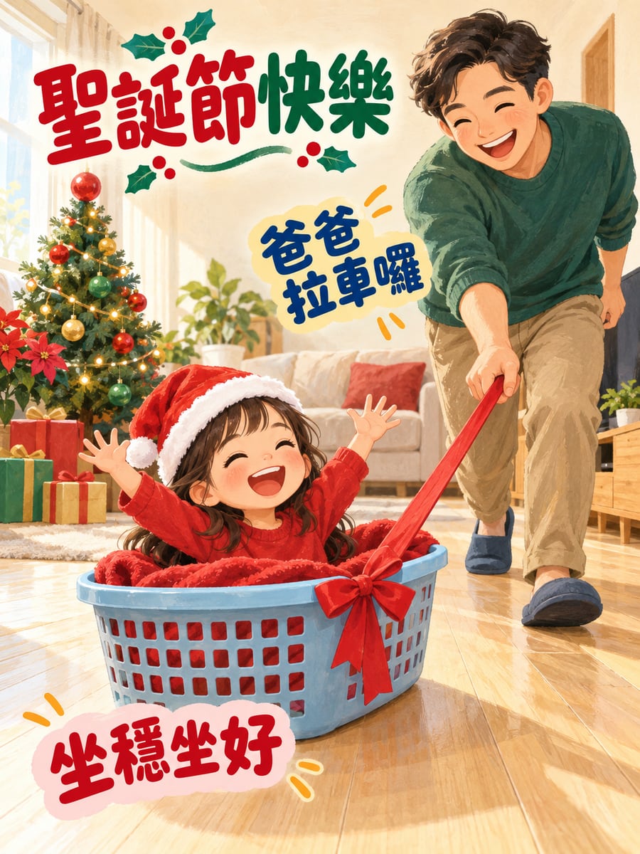 洗衣籃當聖誕小車。圖中文字：聖誕節快樂，爸爸拉車囉，坐穩坐好