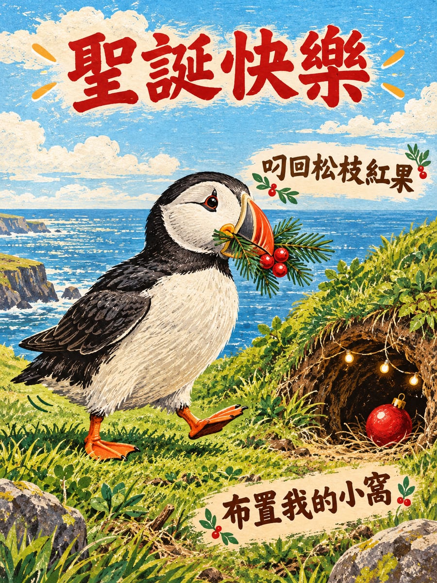 海鸚叼回松枝紅果。圖中文字：聖誕快樂，叼回松枝紅果，布置我的小窩