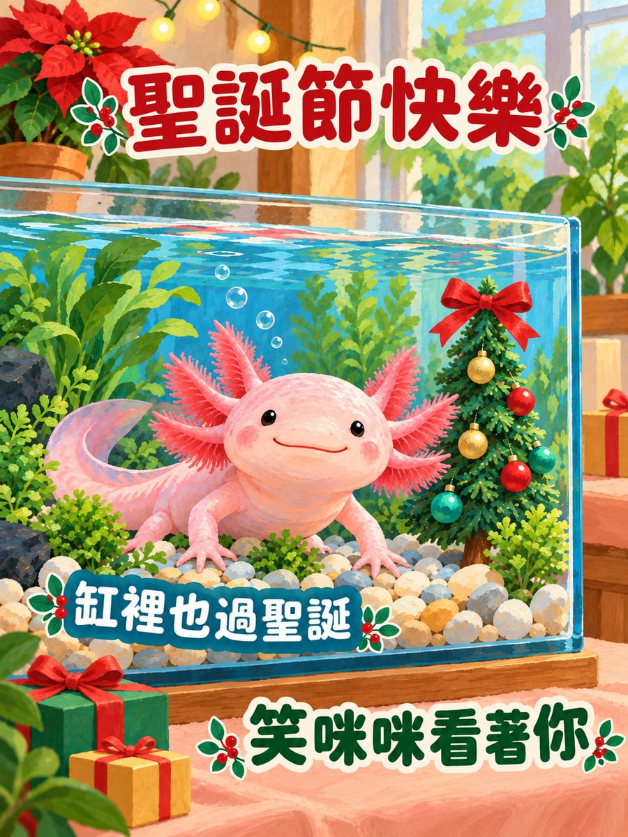 六角恐龍的聖誕水族缸。圖中文字：聖誕節快樂，缸裡也過聖誕，笑咪咪看著你
