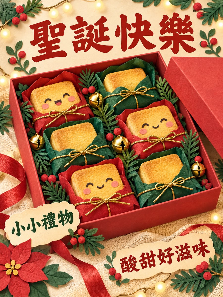 鳳梨酥包成小禮物。圖中文字：聖誕快樂，小小禮物，酸甜好滋味