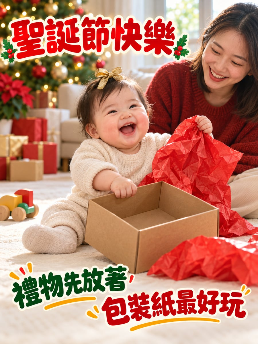 寶寶只愛包裝紙。圖中文字：聖誕節快樂，禮物先放著，包裝紙最好玩