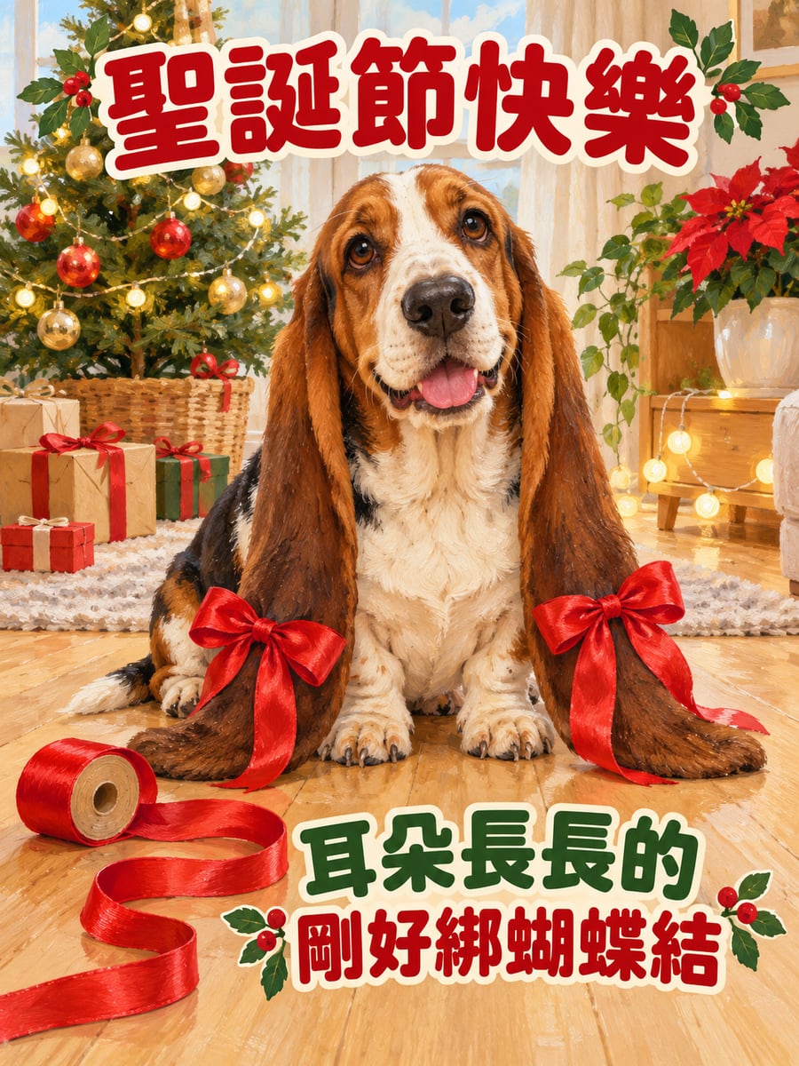 巴吉度的耳朵蝴蝶結。圖中文字：聖誕節快樂，耳朵長長的，剛好綁蝴蝶結