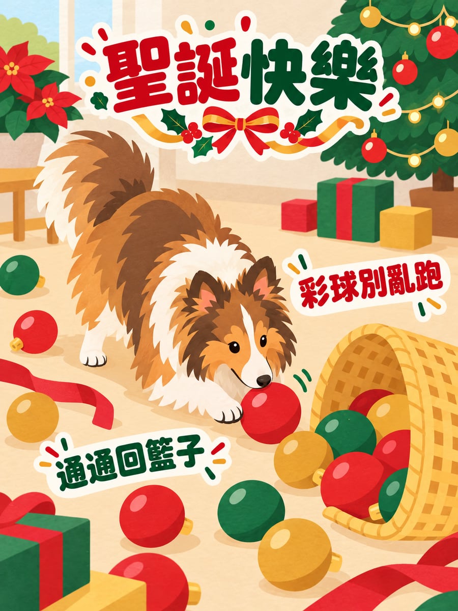 喜樂蒂把彩球趕回籃子。圖中文字：聖誕快樂，彩球別亂跑，通通回籃子