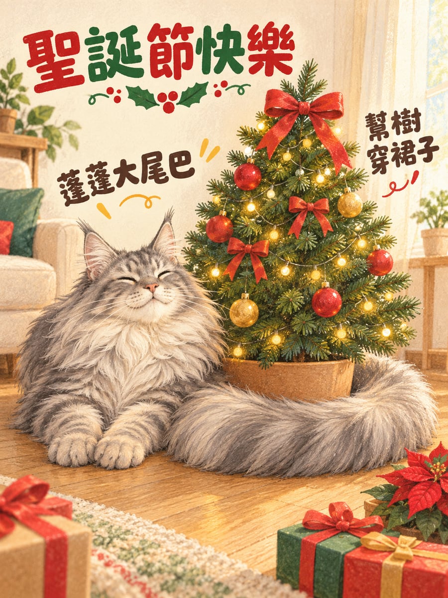 緬因貓的大尾巴樹裙。圖中文字：聖誕節快樂，蓬蓬大尾巴，幫樹穿裙子