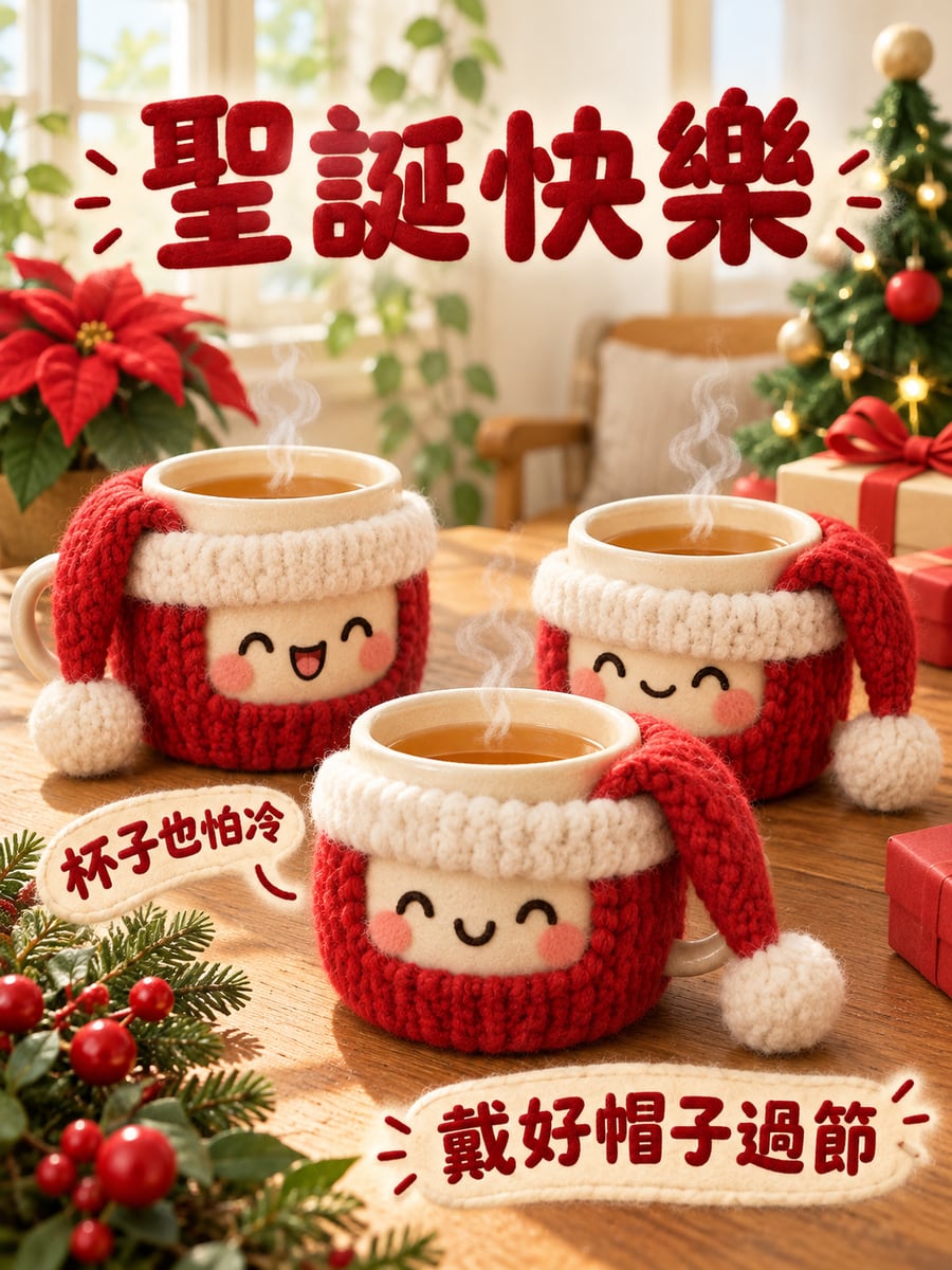 陶杯戴上毛線帽。圖中文字：聖誕快樂，杯子也怕冷，戴好帽子過節