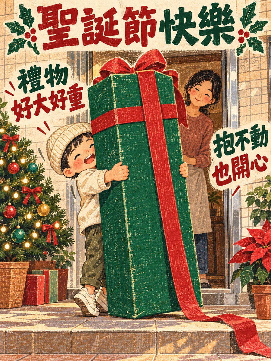 禮物比我還大。圖中文字：聖誕節快樂，禮物好大好重，抱不動也開心