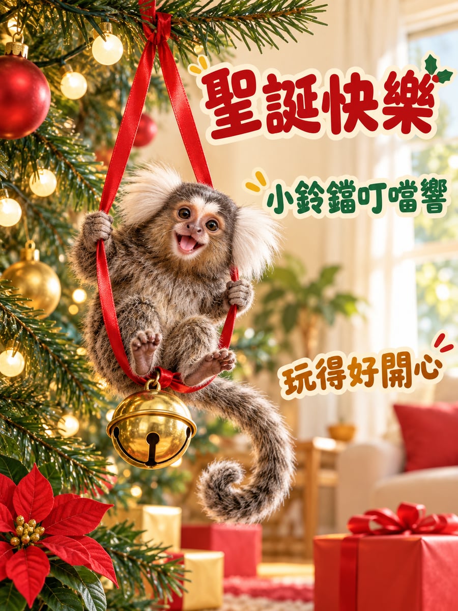 狨猴盪鈴鐺鞦韆。圖中文字：聖誕快樂，小鈴鐺叮噹響，玩得好開心