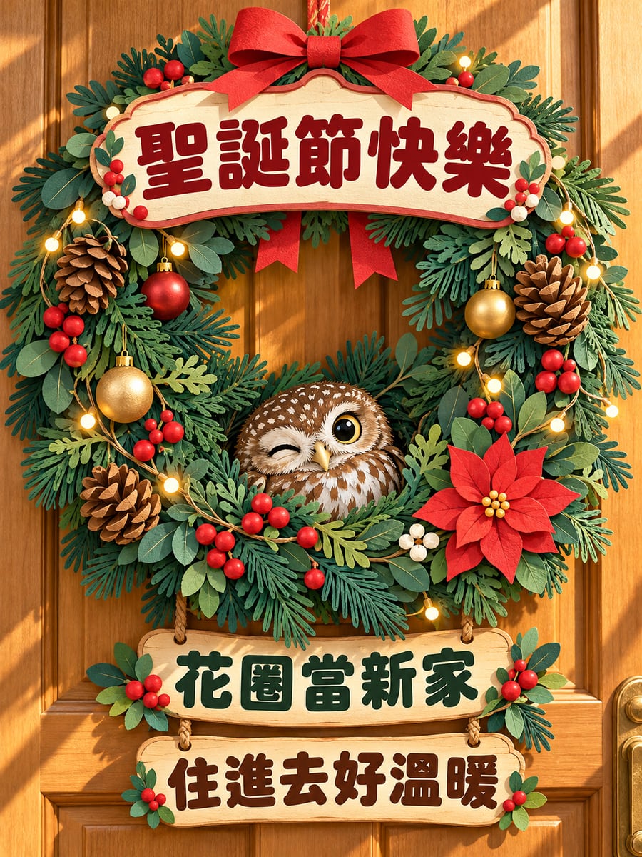 小貓頭鷹住進聖誕花環。圖中文字：聖誕節快樂，花圈當新家，住進去好溫暖