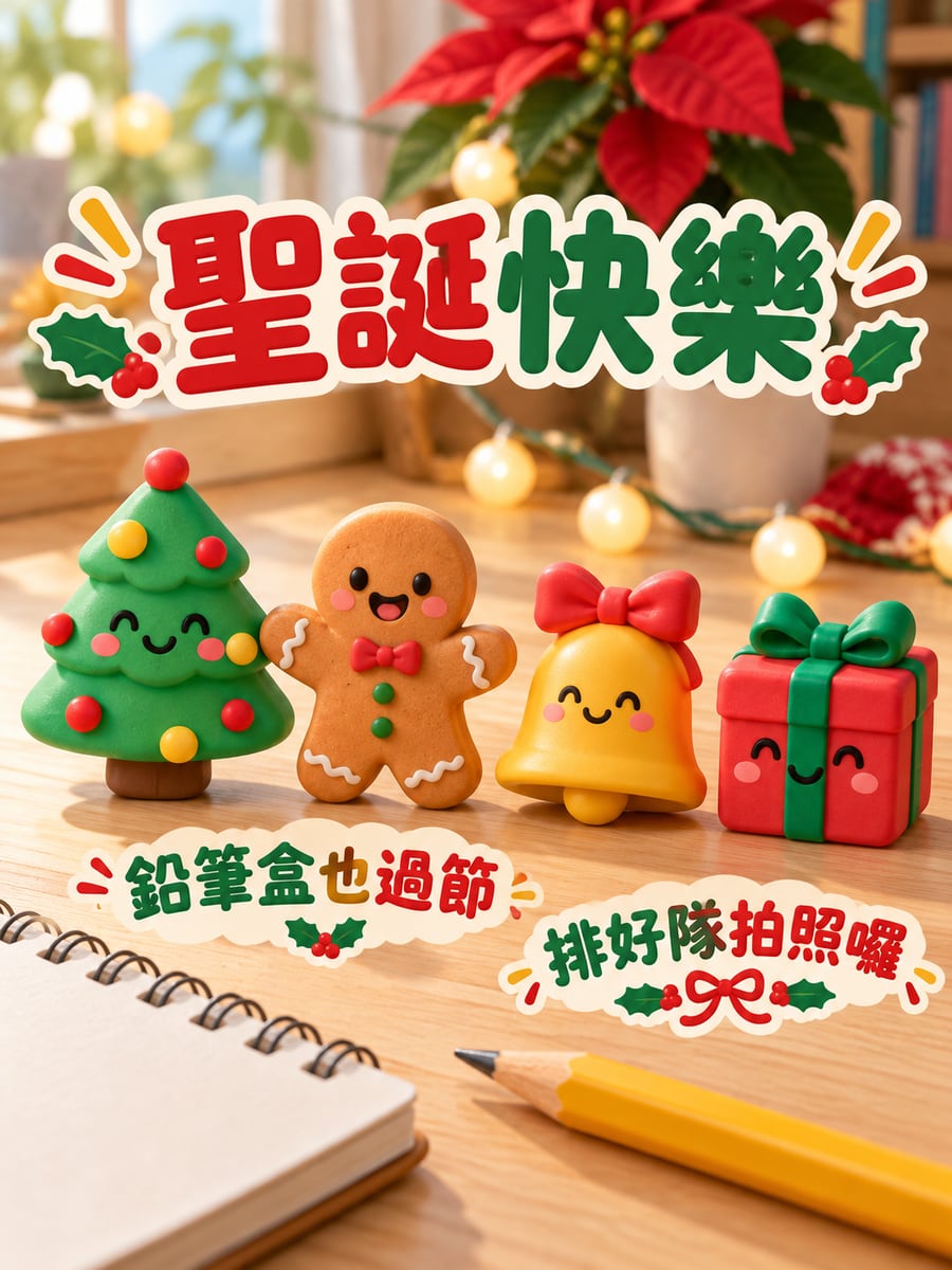 排排站的聖誕橡皮擦。圖中文字：聖誕快樂，鉛筆盒也過節，排好隊拍照囉