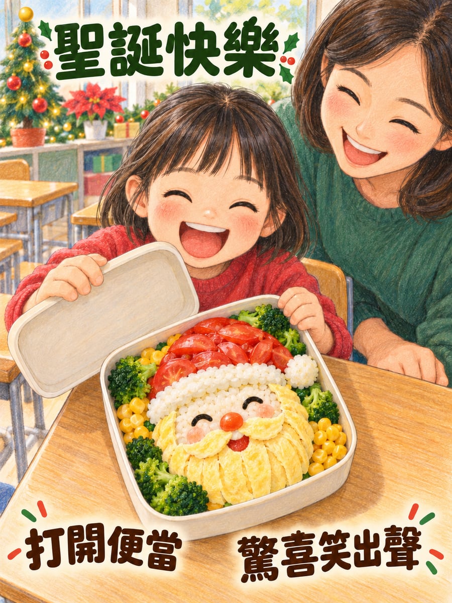 打開便當是聖誕老公公。圖中文字：聖誕快樂，打開便當，驚喜笑出聲