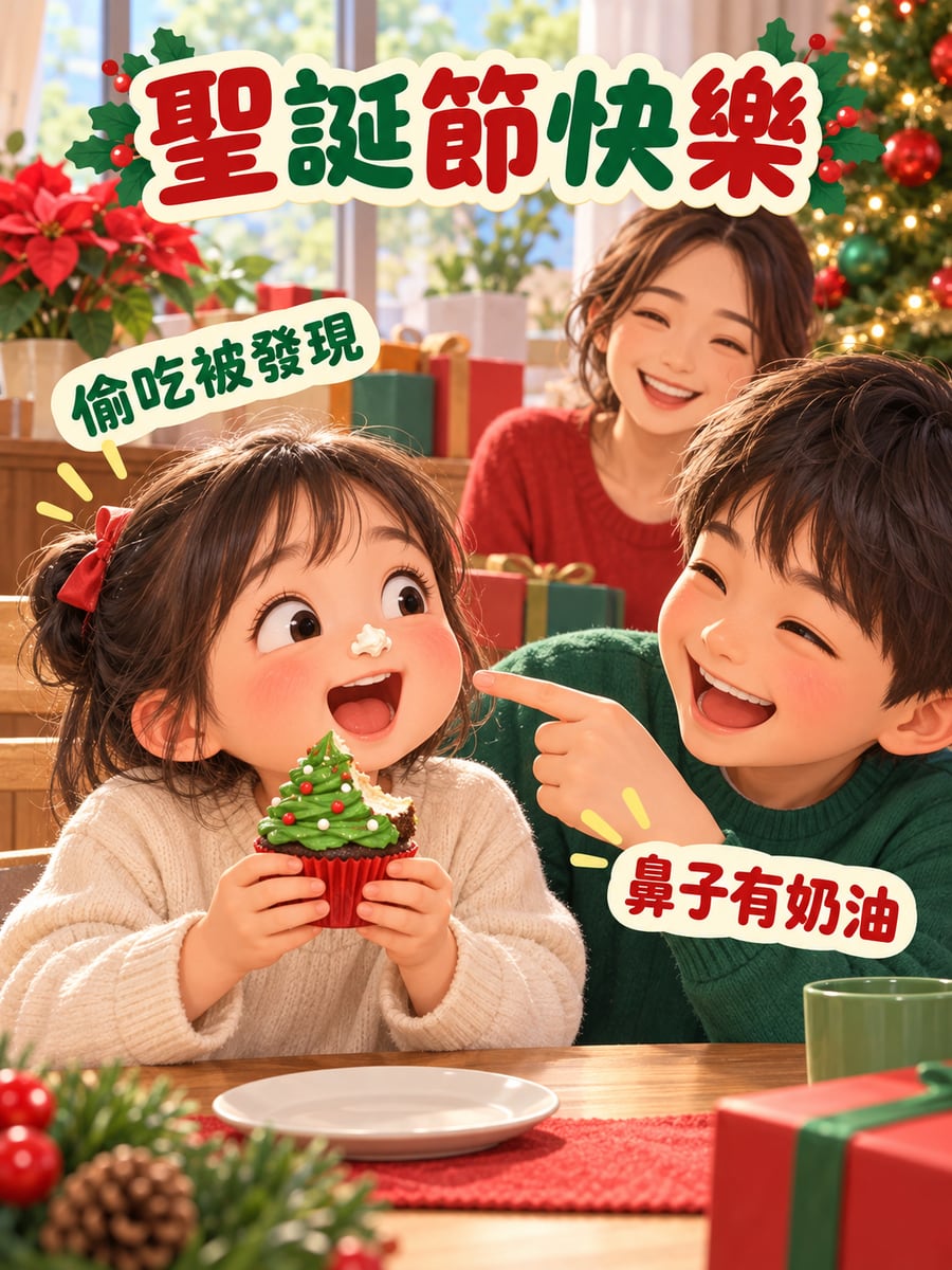 奶油沾到鼻子。圖中文字：聖誕節快樂，偷吃被發現，鼻子有奶油