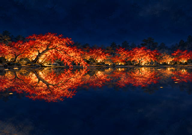 池面倒映的點燈紅楓，iPhone Duo 內螢幕桌布，圖上沒有文字