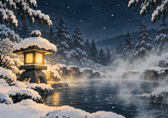 石燈籠旁的雪中露天溫泉，iPhone Duo 內螢幕桌布，圖上沒有文字