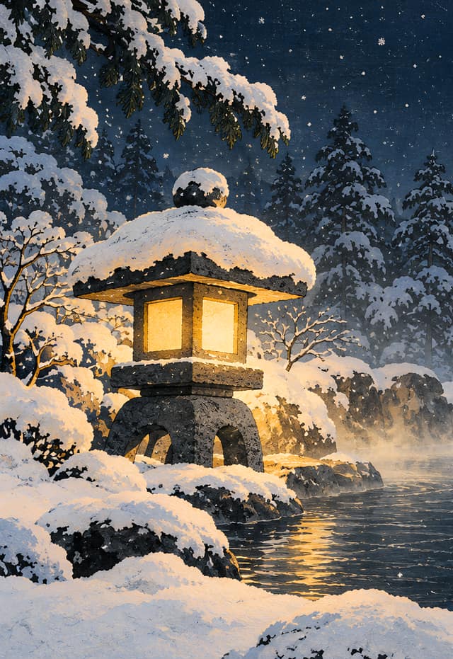 石燈籠旁的雪中露天溫泉，iPhone Duo 外螢幕桌布，圖上沒有文字