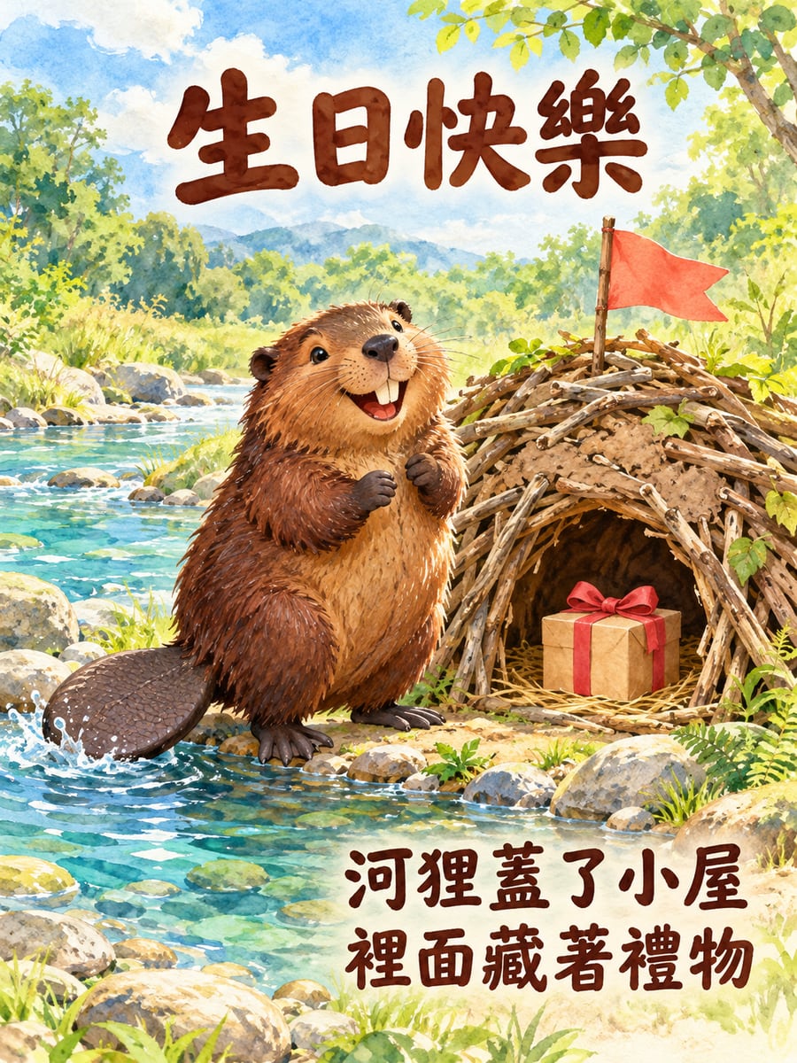 河狸蓋禮物小屋。圖中文字：生日快樂，河狸蓋了小屋，裡面藏著禮物