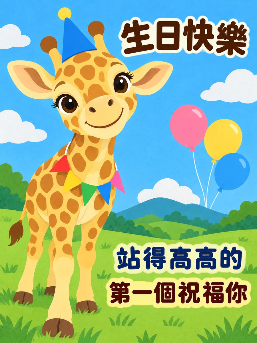 長頸鹿寶寶。圖中文字：生日快樂，站得高高的，第一個祝福你