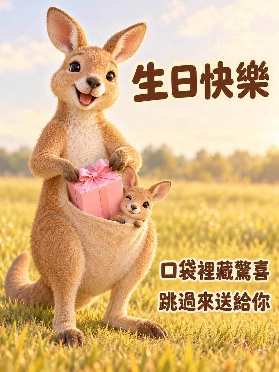 袋鼠口袋藏禮物。圖中文字：生日快樂，口袋裡藏驚喜，跳過來送給你