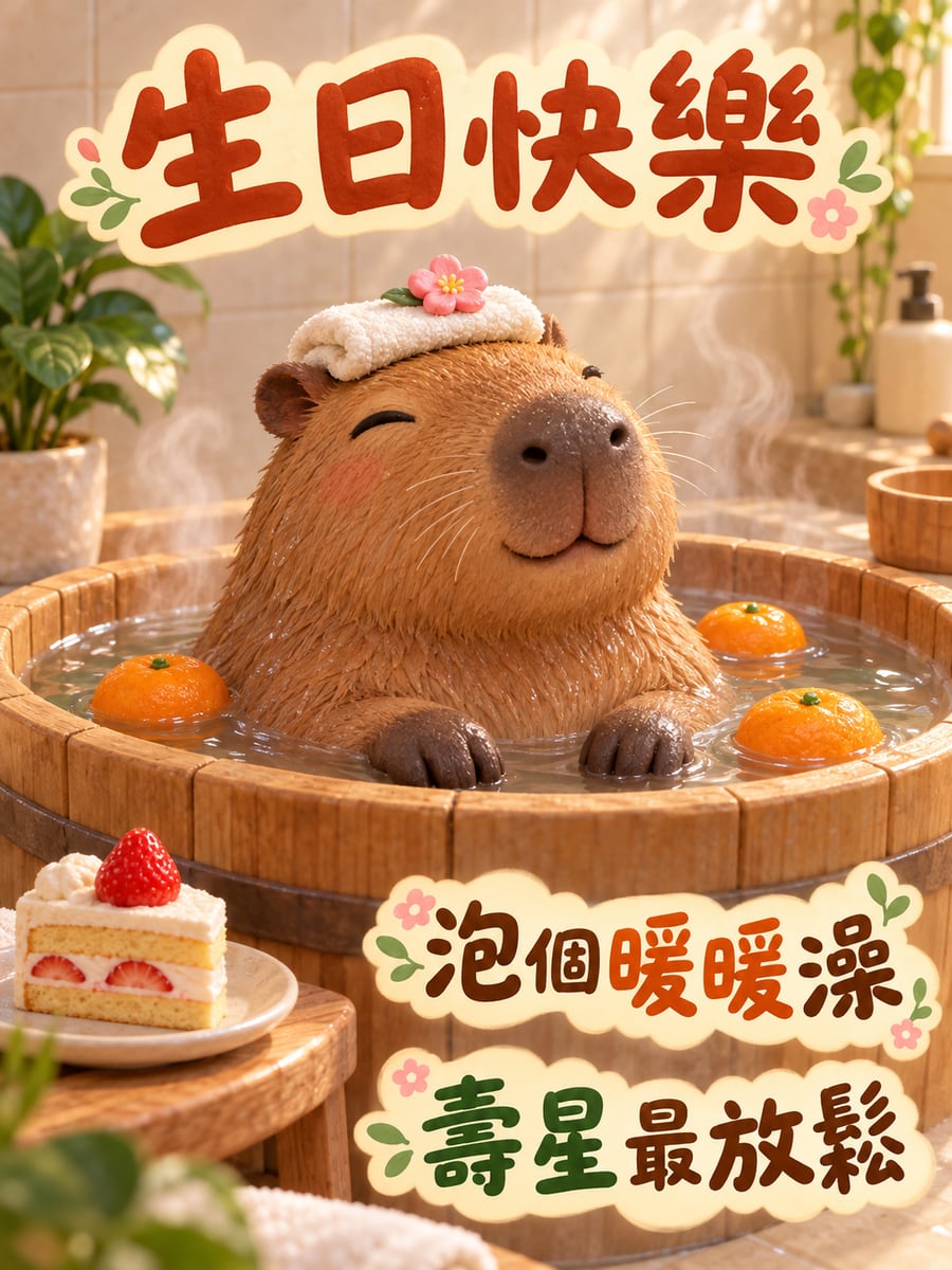 水豚泡暖暖澡。圖中文字：生日快樂，泡個暖暖澡，壽星最放鬆