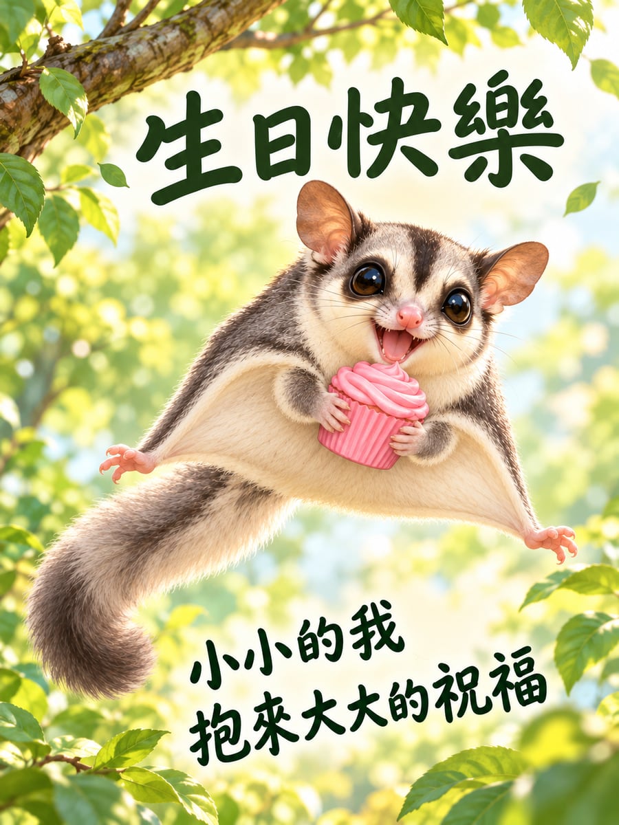 蜜袋鼯抱杯子蛋糕。圖中文字：生日快樂，小小的我，抱來大大的祝福